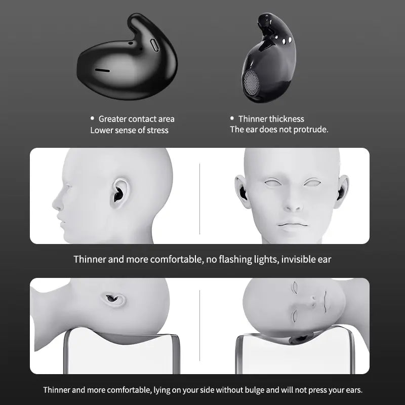 Auricolari wireless neri ergonomici, design sottile e confortevole, adatti per uso prolungato, ideali per dormire senza pressione sulle orecchie.