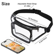 Marsupio trasparente in PVC con cinghia regolabile, dimensioni 32x16 cm, compatibile con smartphone 17 cm, ideale per eventi e viaggi.