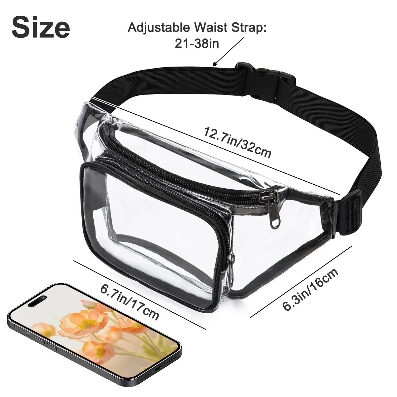 Marsupio trasparente in PVC con cinghia regolabile, dimensioni 32x16 cm, compatibile con smartphone 17 cm, ideale per eventi e viaggi.