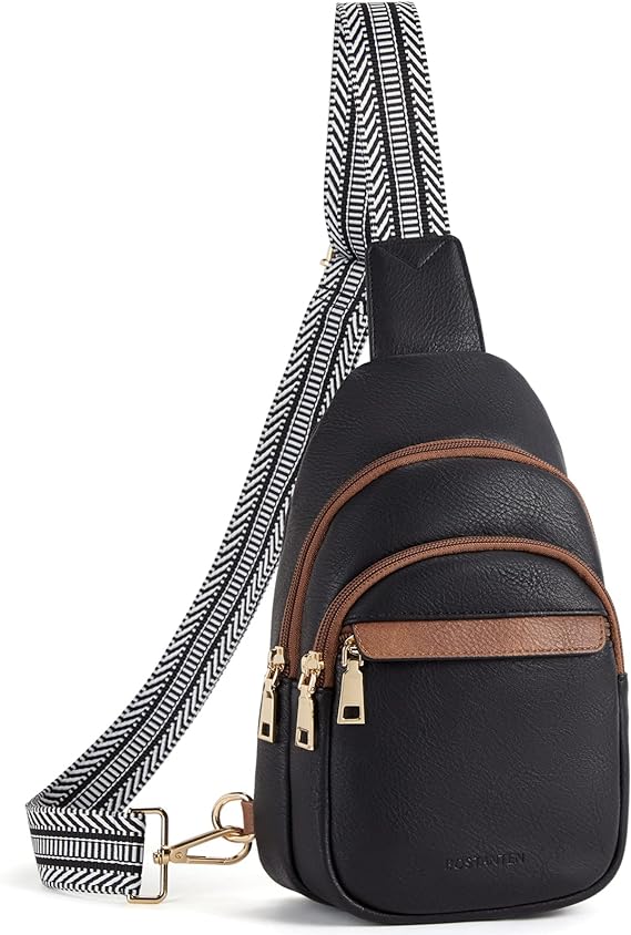 Zaino monospalla in pelle nera con dettagli marroni, cerniere dorate e tracolla regolabile a righe bianche e nere. Elegante e pratico per ogni occasione.