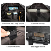 Interno borsa lavoro in pelle nera con tasche per laptop, tablet, penne e accessori. Design funzionale con chiusura in velcro e tasca posteriore con zip.