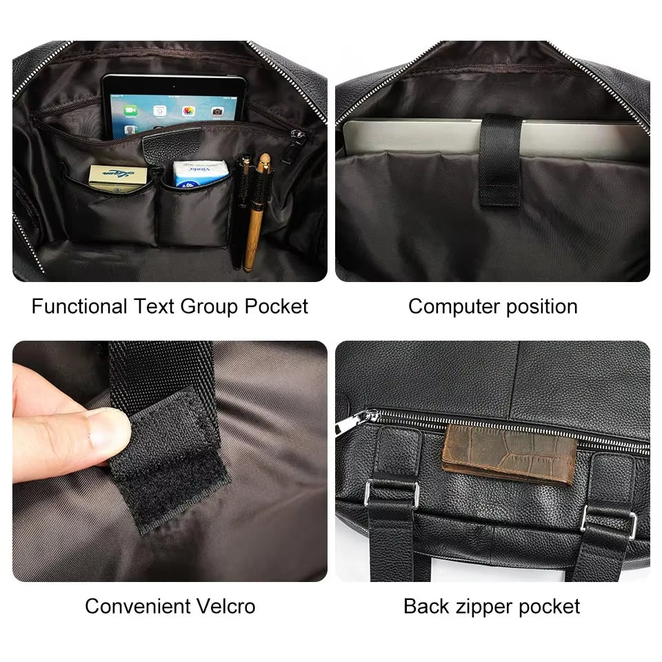 Interno borsa lavoro in pelle nera con tasche per laptop, tablet, penne e accessori. Design funzionale con chiusura in velcro e tasca posteriore con zip.