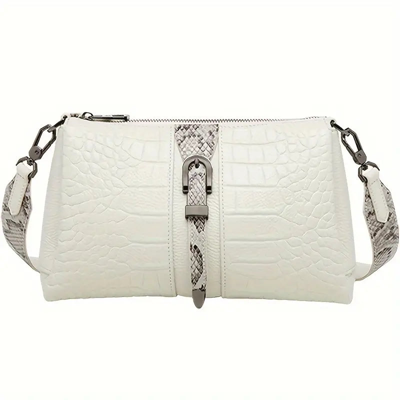 Borsa a tracolla bianca in pelle effetto coccodrillo, design elegante con dettagli in metallo, ideale per moda donna e accessori di lusso.
