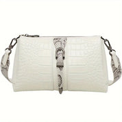 Borsa a tracolla bianca in pelle effetto coccodrillo, design elegante con dettagli in metallo, ideale per moda donna e accessori di lusso.