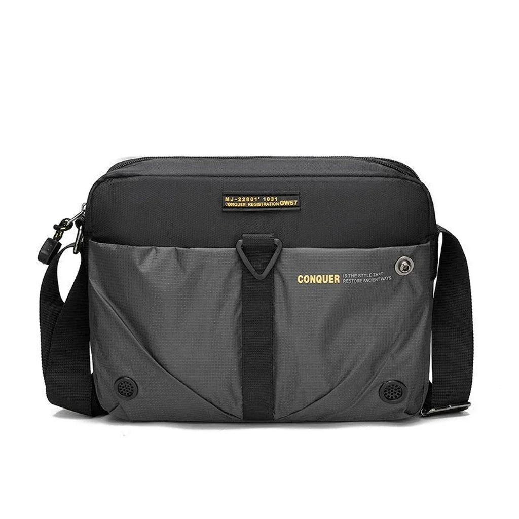 Borsa a tracolla nera e grigia, design moderno, tasche multiple, chiusura con zip, ideale per lavoro e viaggio. Accessorio moda uomo.