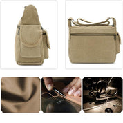 Borsa a tracolla in tela beige, design unisex, con tasche multiple e cerniere. Materiale resistente, cuciture artigianali, ideale per uso quotidiano.