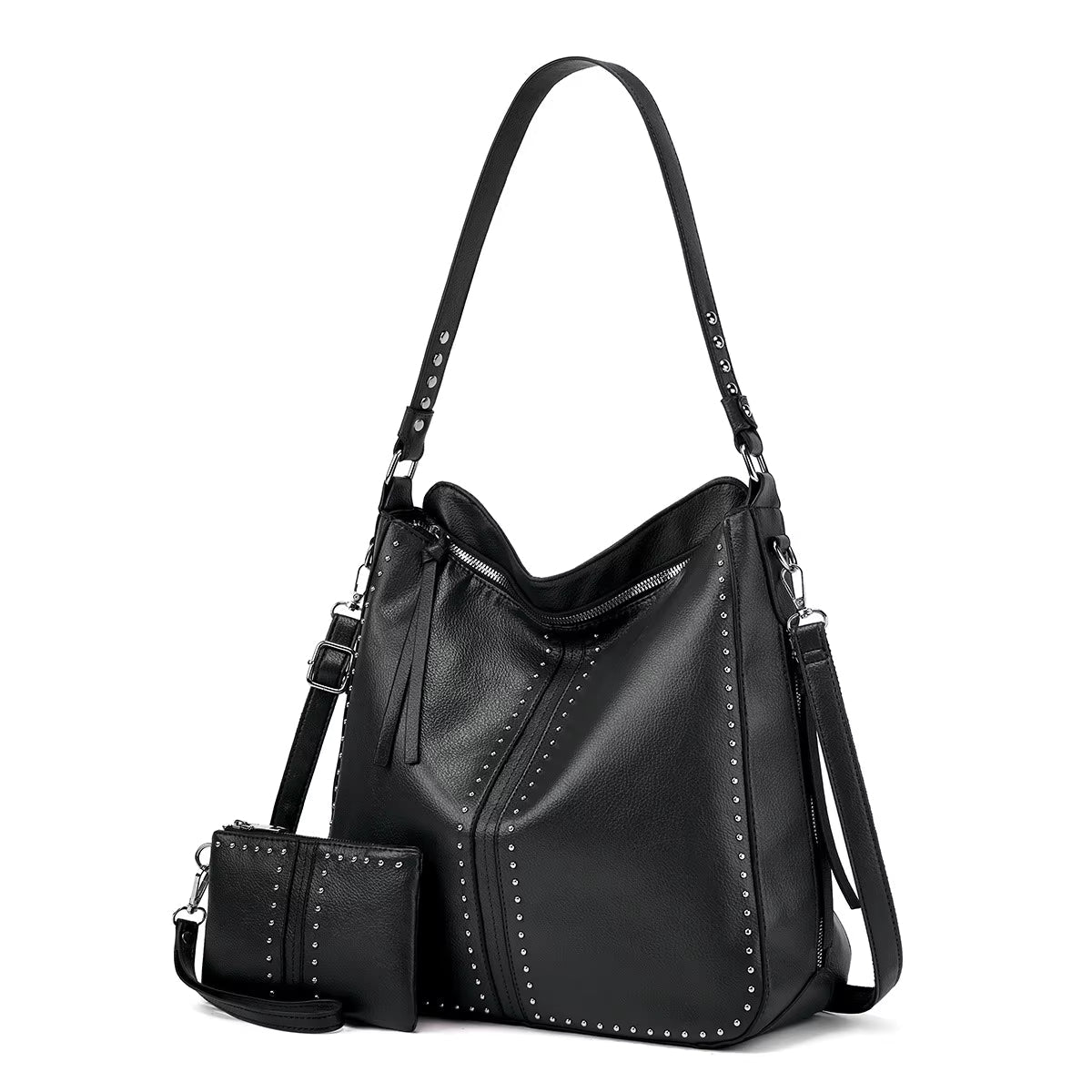 Borsa a spalla in pelle nera con borchie, design elegante e moderno, include pochette coordinata. Accessorio moda donna, stile casual chic.