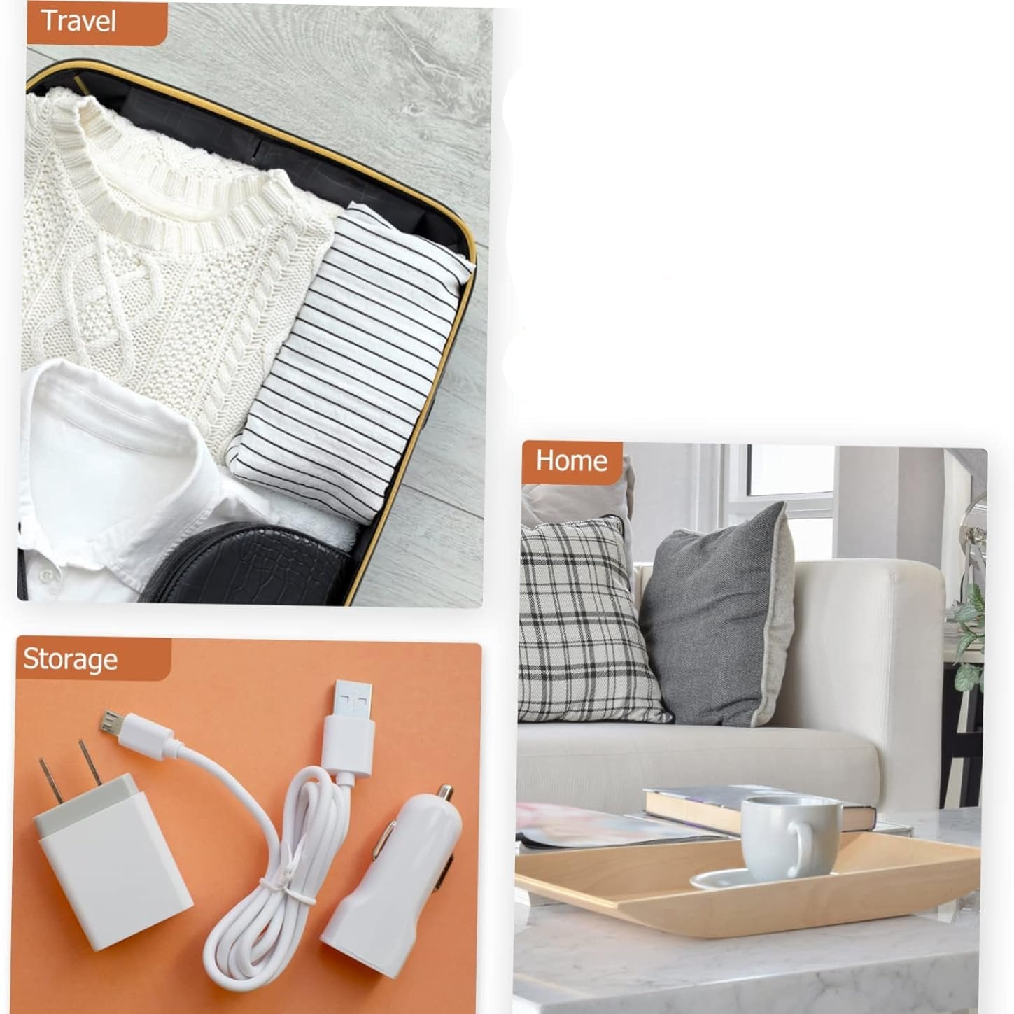 Valigia aperta con maglione bianco, camicia a righe e accessori da viaggio. Caricabatterie USB e adattatore su sfondo arancione. Salotto moderno con cuscini.