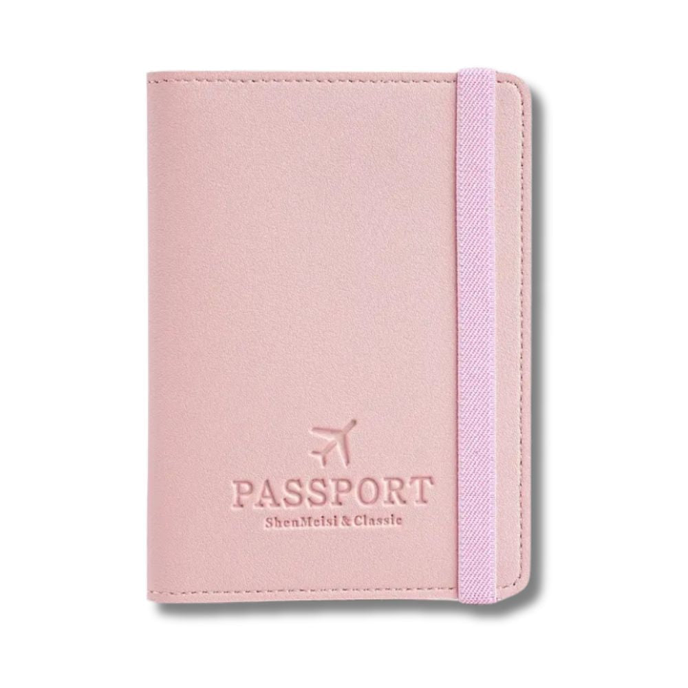 Custodia passaporto rosa in pelle sintetica con elastico, design elegante con incisione aereo. Accessorio da viaggio essenziale.
