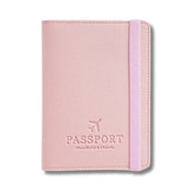 Custodia passaporto rosa in pelle sintetica con elastico, design elegante con incisione aereo. Accessorio da viaggio essenziale.
