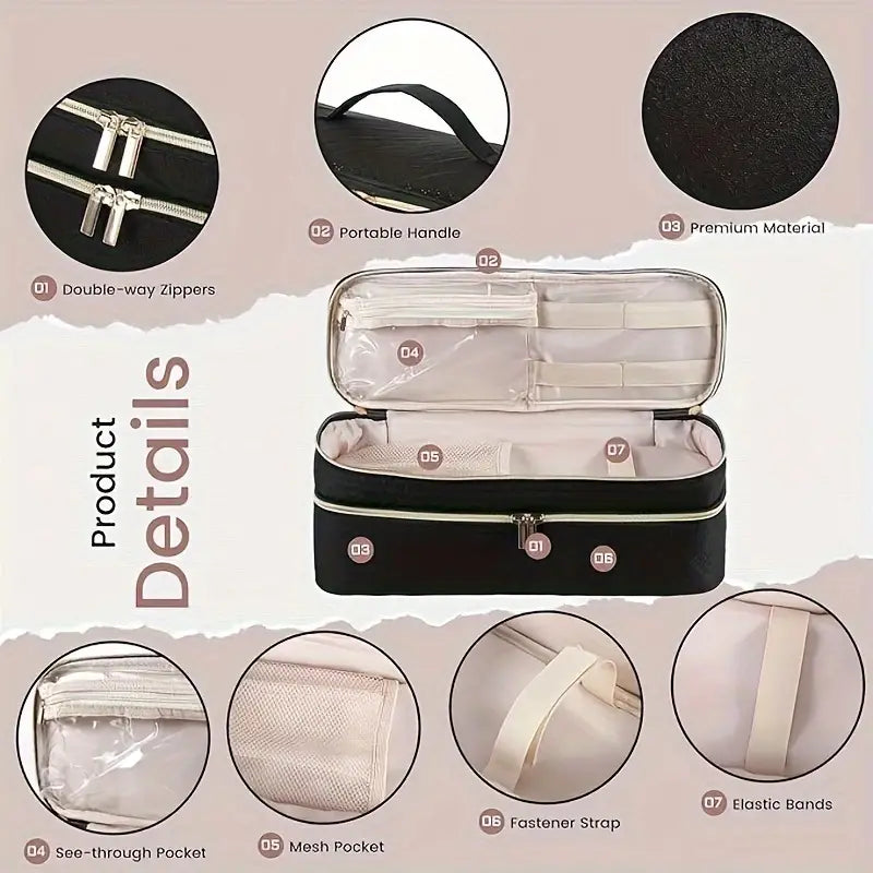 Custodia da viaggio nera con cerniere doppie, manico portatile, materiale premium, tasche a rete, elastici e cinturino di fissaggio.