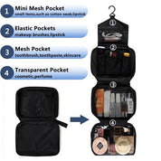 Immagine di un organizer da viaggio nero con gancio, tasche in rete ed elastiche per cosmetici, trucco e articoli da toeletta. Perfetto per viaggi.