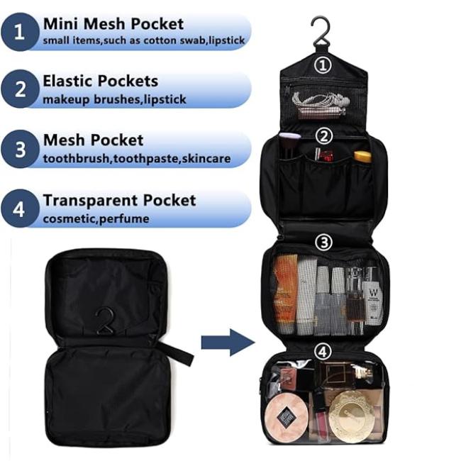 Immagine di un organizer da viaggio nero con gancio, tasche in rete ed elastiche per cosmetici, trucco e articoli da toeletta. Perfetto per viaggi.