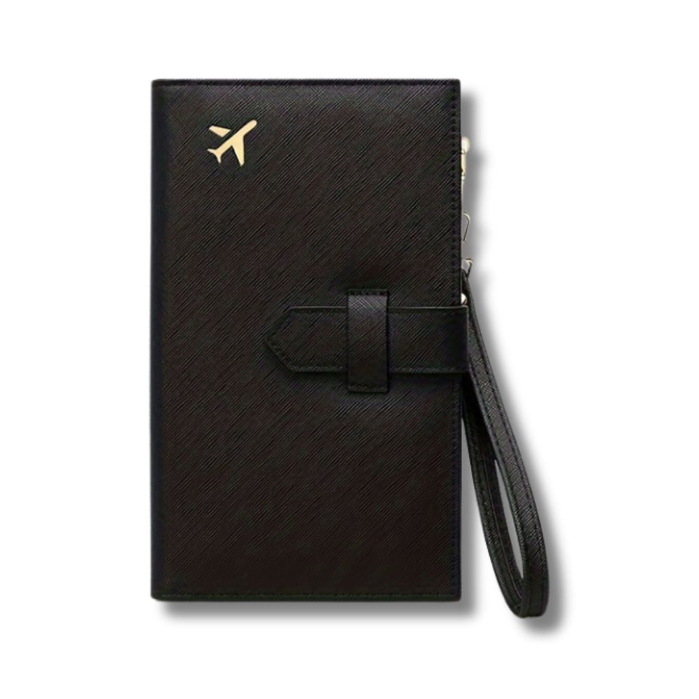 Portafoglio da viaggio nero in pelle con chiusura a fibbia e logo aereo dorato, design elegante e funzionale, ideale per documenti e carte.