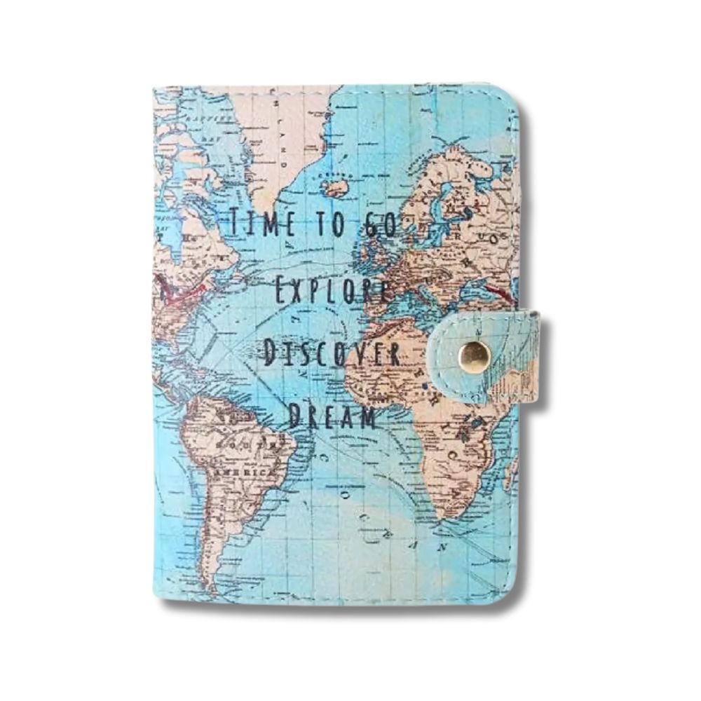Agenda in pelle con mappa del mondo, design vintage, chiusura a bottone, scritta motivazionale "Time to go, explore, discover, dream".