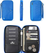 Custodia portadocumenti da viaggio blu con scomparti per passaporti, carte di credito, chiavi e monete. Organizzatore compatto e funzionale.