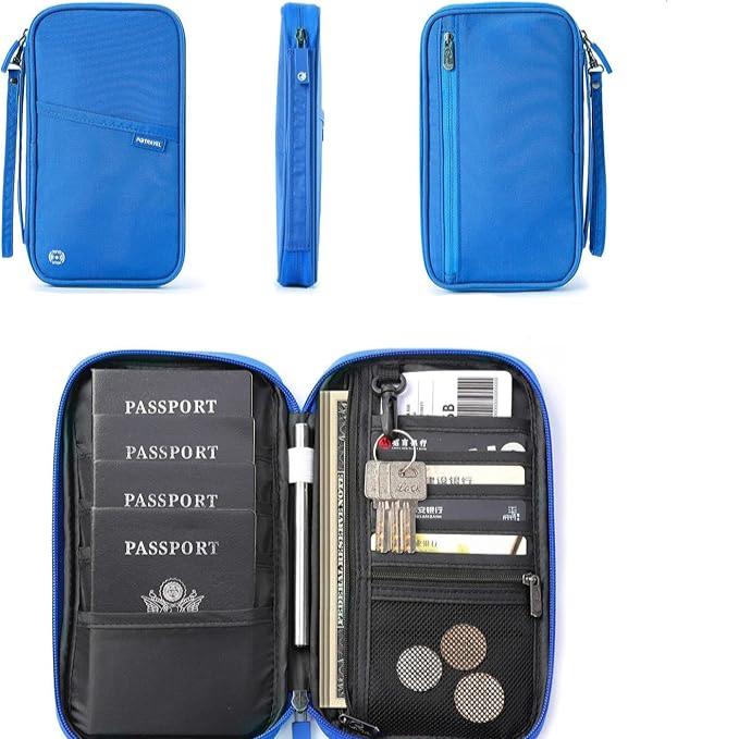 Custodia portadocumenti da viaggio blu con scomparti per passaporti, carte di credito, chiavi e monete. Organizzatore compatto e funzionale.