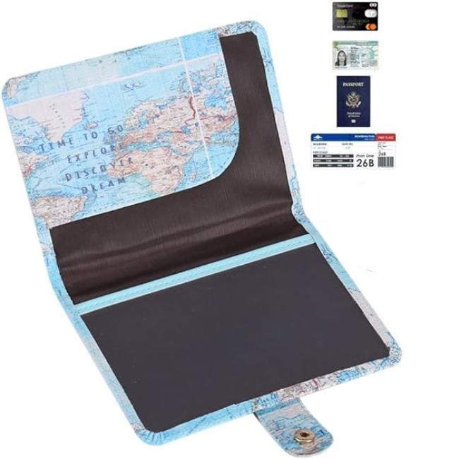 Portadocumenti da viaggio con mappa del mondo, tasche per passaporto, carte di credito e biglietti aerei. Accessorio essenziale per viaggiatori.