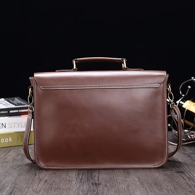 Elegante borsa ventiquattrore in pelle marrone, con manico e tracolla regolabile, ideale per lavoro e ufficio. Design classico e raffinato.