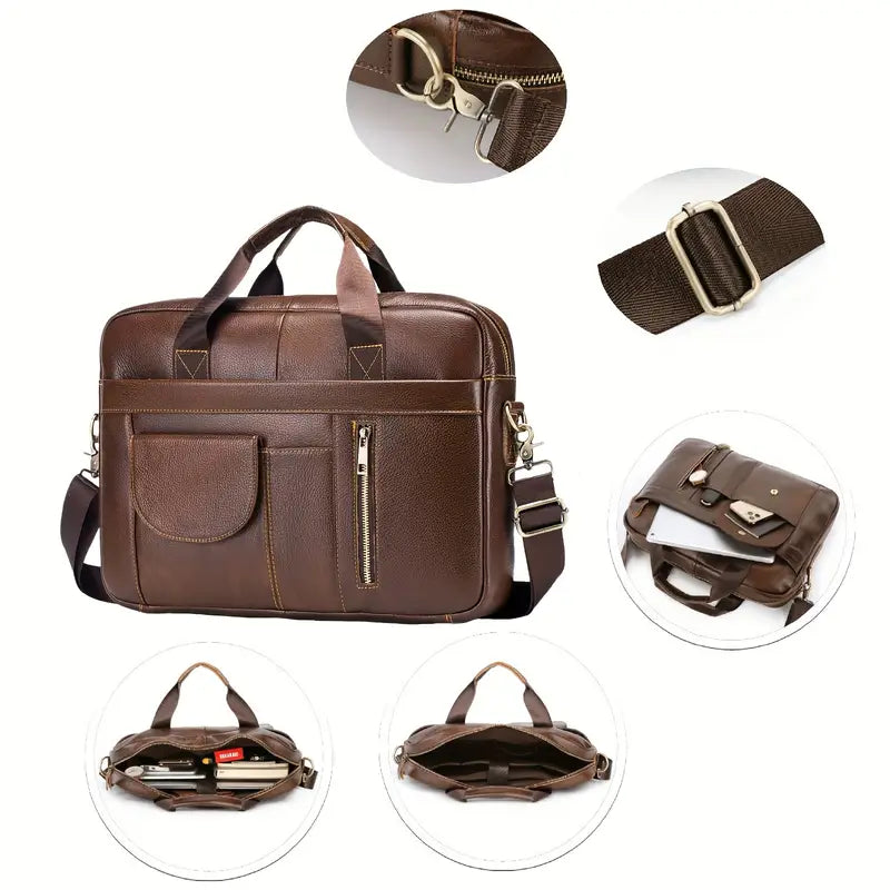 Borsa a tracolla in pelle marrone per laptop, con tasche multiple, cerniera robusta, tracolla regolabile e dettagli in metallo. Elegante e funzionale.