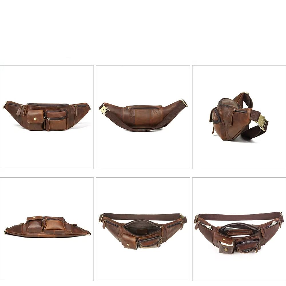 Marsupio in pelle marrone, design vintage, con cerniere e tasche multiple. Accessorio moda uomo/donna, ideale per viaggi e uso quotidiano.