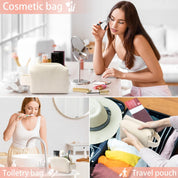 Borsa cosmetica beige a righe, ideale per trucco e viaggio. Donna si trucca, lava i denti e prepara valigia. Accessorio versatile e pratico.