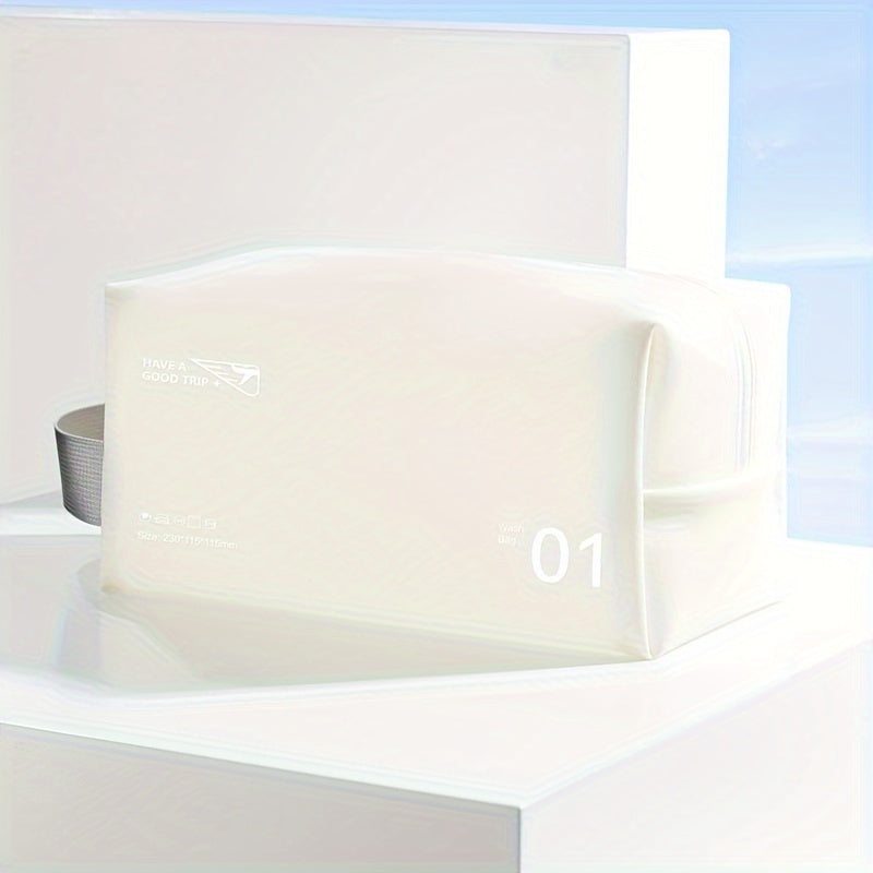 Elegante beauty case bianco con cerniera, design minimalista, ideale per viaggi. Accessorio da toilette compatto e moderno.