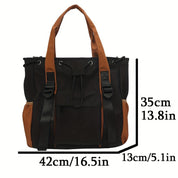 Borsa tote nera e marrone, dimensioni 42x35x13 cm, con manici robusti e tasche multiple. Ideale per shopping e uso quotidiano.