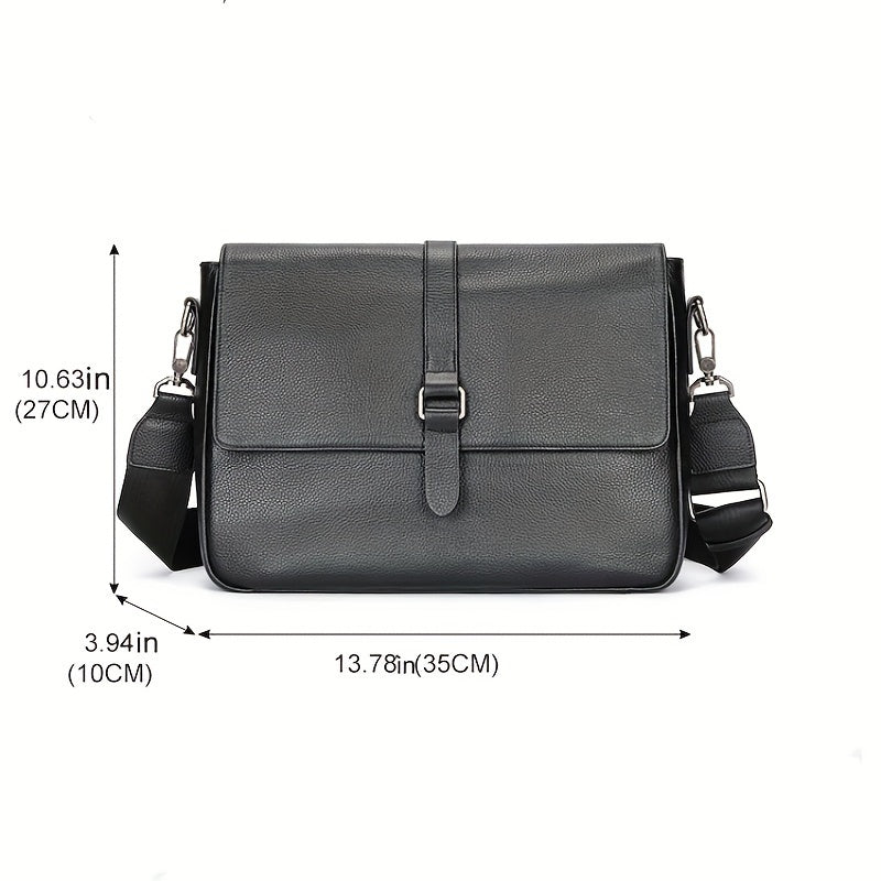 Borsa a tracolla in pelle nera, dimensioni 35x27x10 cm, con cinturino regolabile e fibbia frontale. Elegante e pratica per uso quotidiano.
