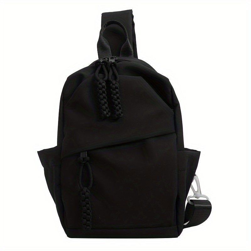 Zaino monospalla nero elegante, design moderno, con tasche multiple e cerniere robuste. Ideale per viaggi, scuola e uso quotidiano.