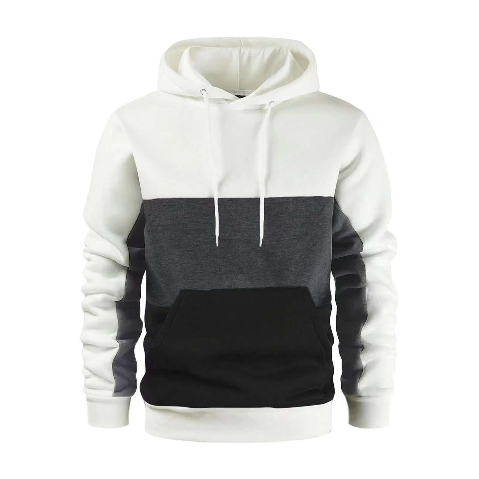 Felpa con cappuccio uomo, design a blocchi di colore bianco, grigio e nero, tasca frontale, cotone, moda casual, abbigliamento autunnale.