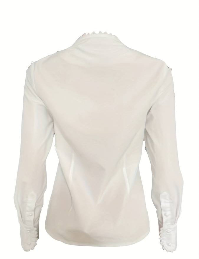 Camicia bianca da donna in seta, maniche lunghe, colletto classico, bottoni sui polsini, elegante e raffinata, perfetta per ufficio o eventi formali.