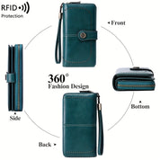 Portafoglio donna in pelle verde con protezione RFID, design 360°, chiusura a zip, cinturino da polso, tasche multiple, elegante e funzionale.