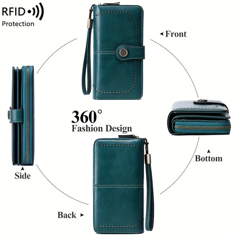 Portafoglio donna in pelle verde con protezione RFID, design 360°, chiusura a zip, cinturino da polso, tasche multiple, elegante e funzionale.