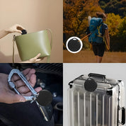 Dispositivo di localizzazione nero su borsa, zaino, chiavi e valigia. Tracker GPS portatile per oggetti personali, sicurezza e viaggio.