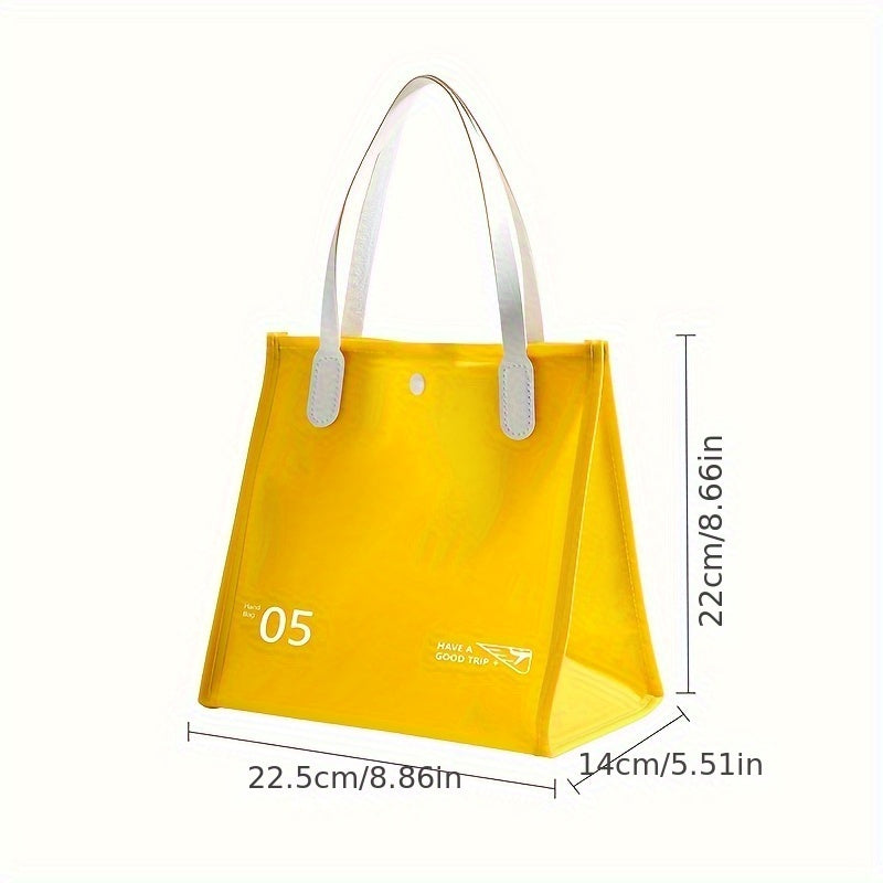 Borsa trasparente gialla in PVC con manici bianchi, dimensioni 22,5x14x22 cm. Design moderno, ideale per shopping e uso quotidiano.