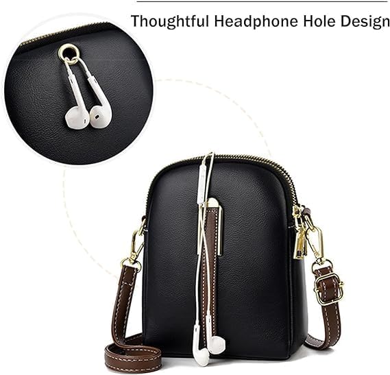 Borsa a tracolla nera in pelle con foro per cuffie, design elegante, cerniera dorata, tracolla regolabile marrone, accessorio moda pratico.