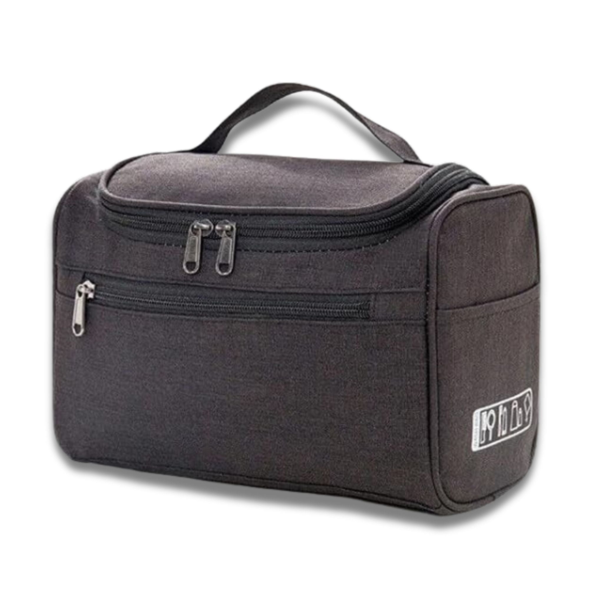 Borsa da toilette nera con cerniera, manico superiore e tasche multiple. Ideale per viaggi, organizzazione accessori bagno, resistente e compatta.