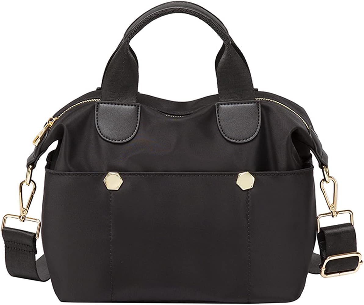 Borsa a mano nera elegante con manici e tracolla regolabile, dettagli in metallo dorato, design moderno, ideale per donna, moda accessori.