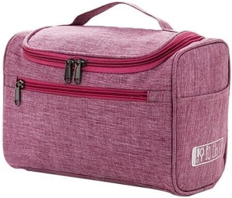 Borsa da toilette rosa con manico, tasca frontale con zip, design compatto. Ideale per viaggi, organizzazione accessori bagno.