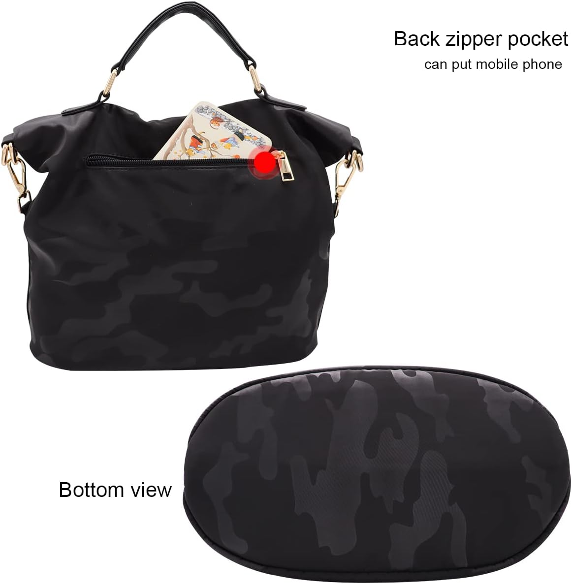 Borsa a tracolla nera con motivo mimetico, tasca posteriore con zip per smartphone, vista inferiore inclusa. Accessorio moda donna elegante e pratico.
