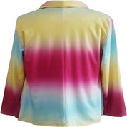 Camicia donna a maniche lunghe, sfumata multicolore giallo, rosa e azzurro, stile casual, tessuto leggero, ideale per moda primavera-estate.