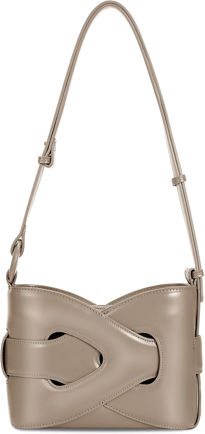 Borsa a tracolla in pelle beige con design intrecciato, elegante e moderna. Accessorio di moda per donna, perfetto per ogni occasione.