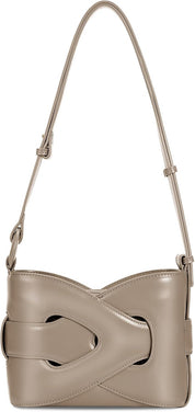 Borsa a tracolla in pelle beige con design intrecciato, elegante e moderna. Accessorio di moda per donna, perfetto per ogni occasione.