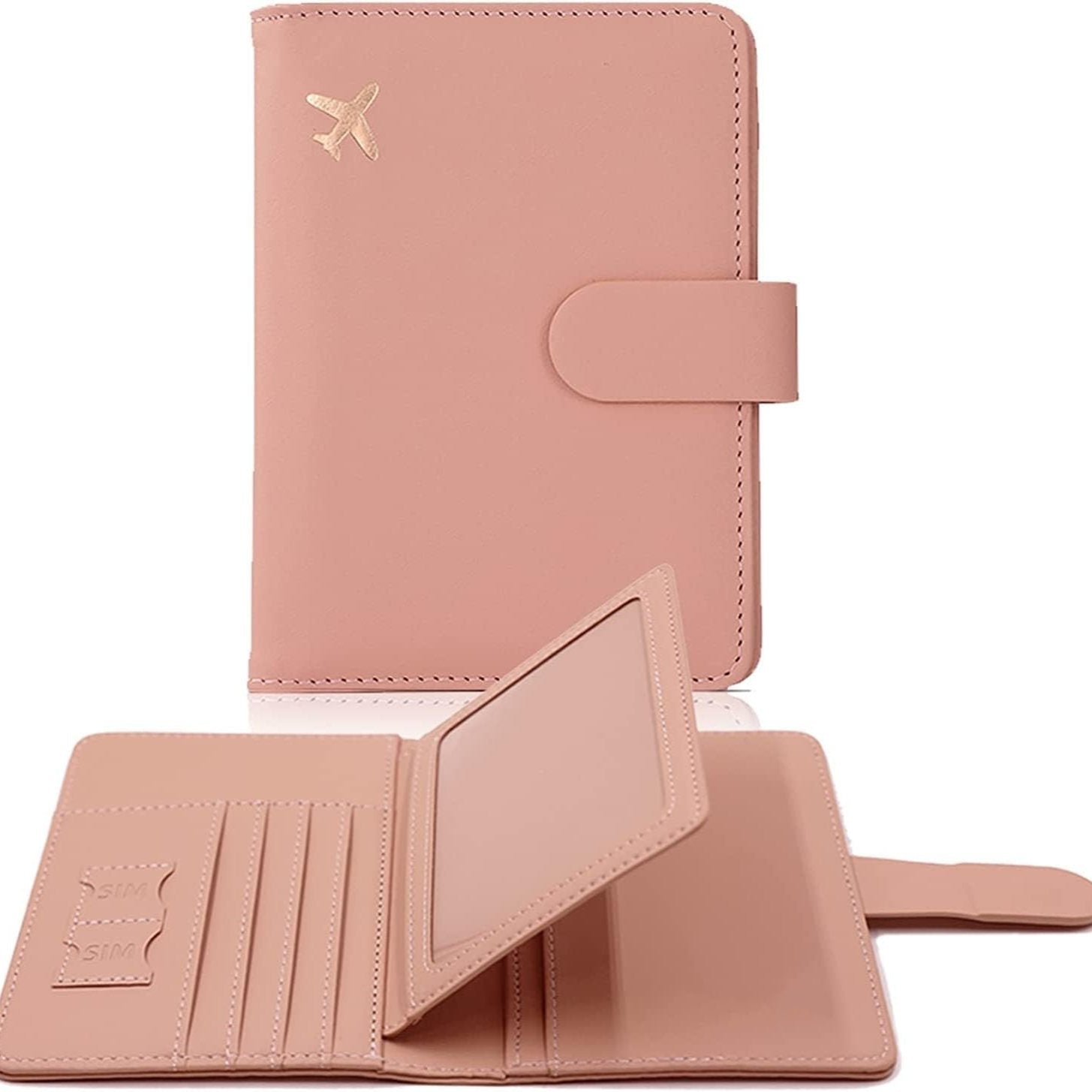 Portafoglio da viaggio rosa in pelle con chiusura a bottone, scomparti per carte, porta SIM e decorazione aereo dorato. Accessorio elegante e funzionale.