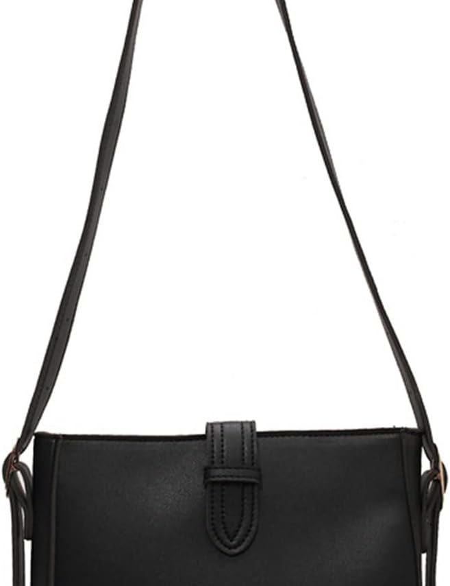 Borsa a tracolla nera in pelle sintetica, design minimalista, chiusura con patta, ideale per moda donna, accessorio elegante e versatile.