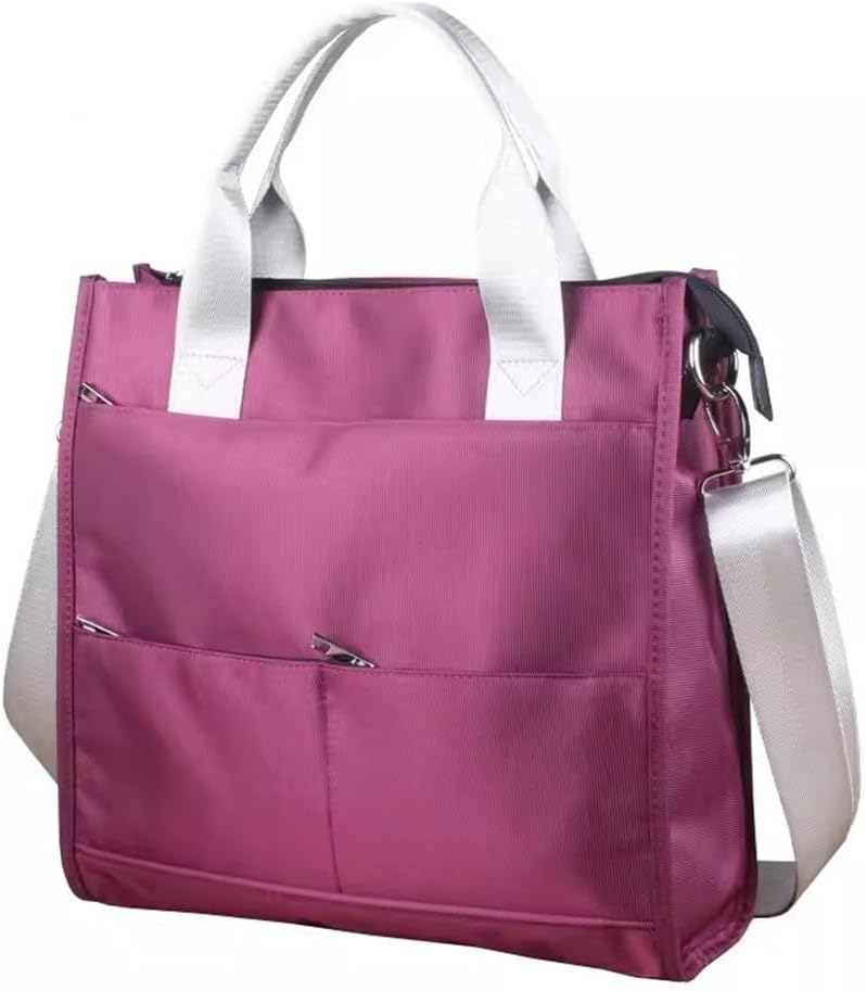 Borsa tote rosa con manici bianchi e tracolla regolabile, tasche frontali con zip, design elegante e funzionale, perfetta per l'uso quotidiano.
