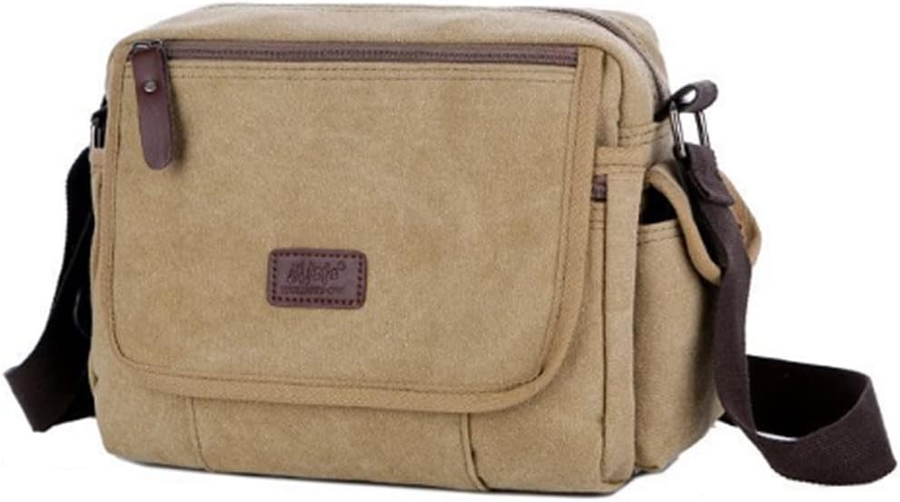 Borsa a tracolla in tela beige con dettagli in pelle marrone, tasche multiple e chiusura a zip. Ideale per uomo e donna, stile casual e vintage.