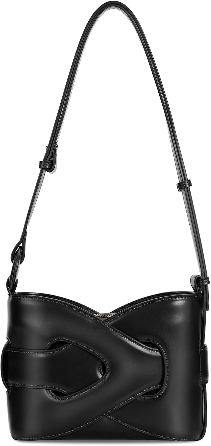 Borsa a tracolla nera in pelle con design moderno e fibbia decorativa. Accessorio elegante per donna, ideale per moda e stile urbano.