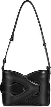 Borsa a tracolla nera in pelle con design moderno e fibbia decorativa. Accessorio elegante per donna, ideale per moda e stile urbano.